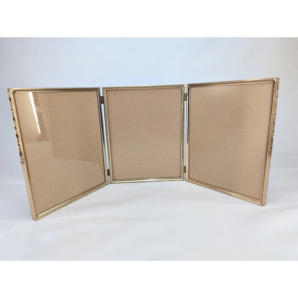 Vintage Triple Folding Picture Frame Gold Metal Beaded Floral 8x10 Triptych